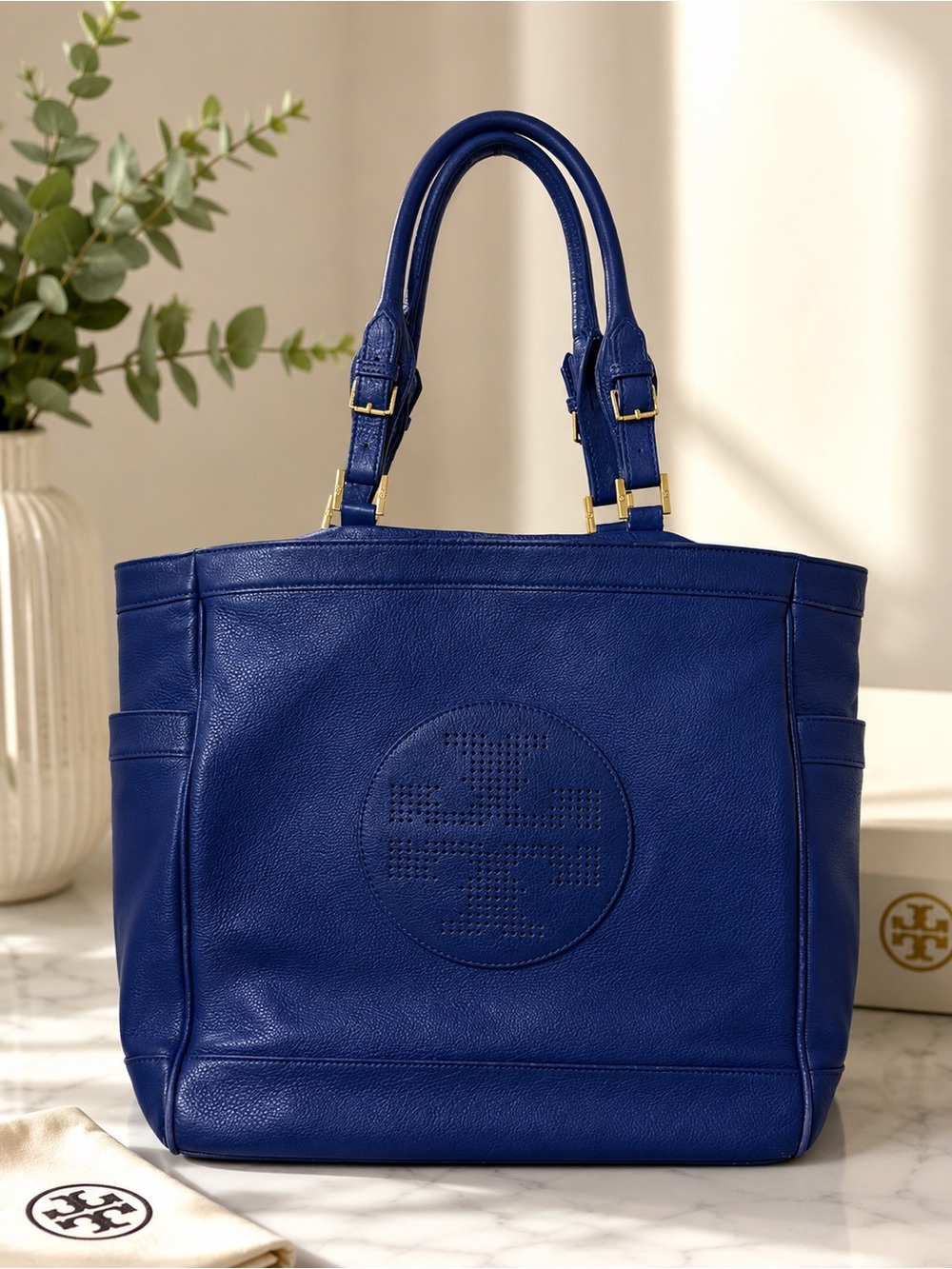 Tory Burch Royal Blue Perforated Logo Leather Tote